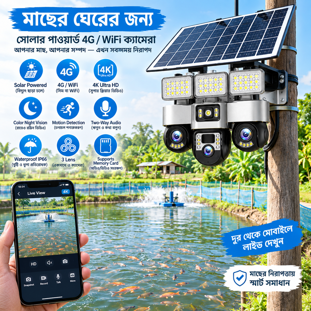 ৩ লেন্স সোলার সুপার ব্রাইট লাইট ও ওয়াটারপ্রুফ আউটডোর আইপি ক্যামেরা - Image 4