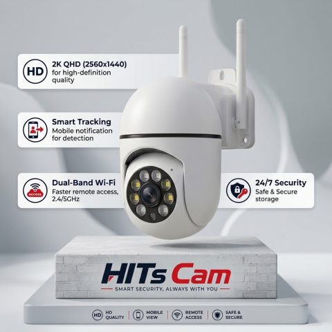 MAXVISION 360° smart WiFi security camera product shot with HD, mobile view, remote access, and safe storage icons