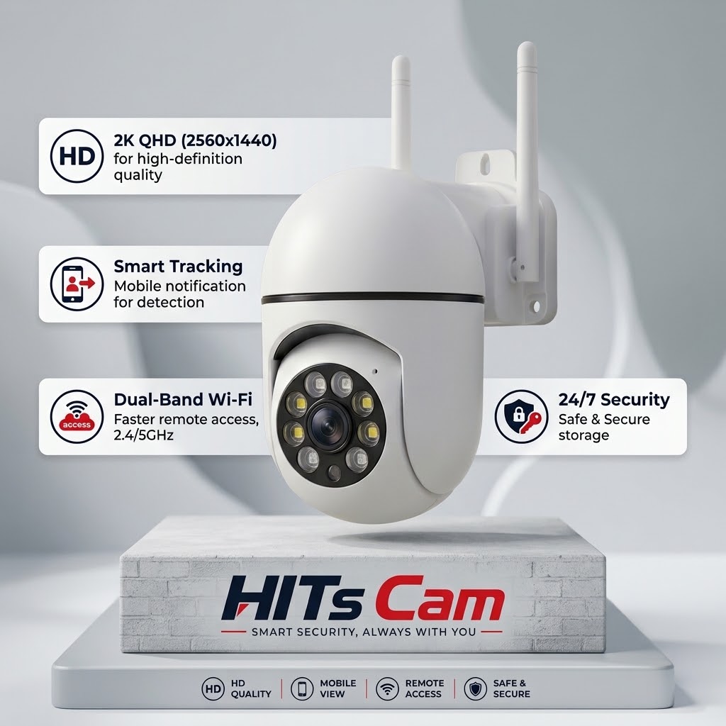 MAXVISION 360° smart WiFi security camera product shot with HD, mobile view, remote access, and safe storage icons