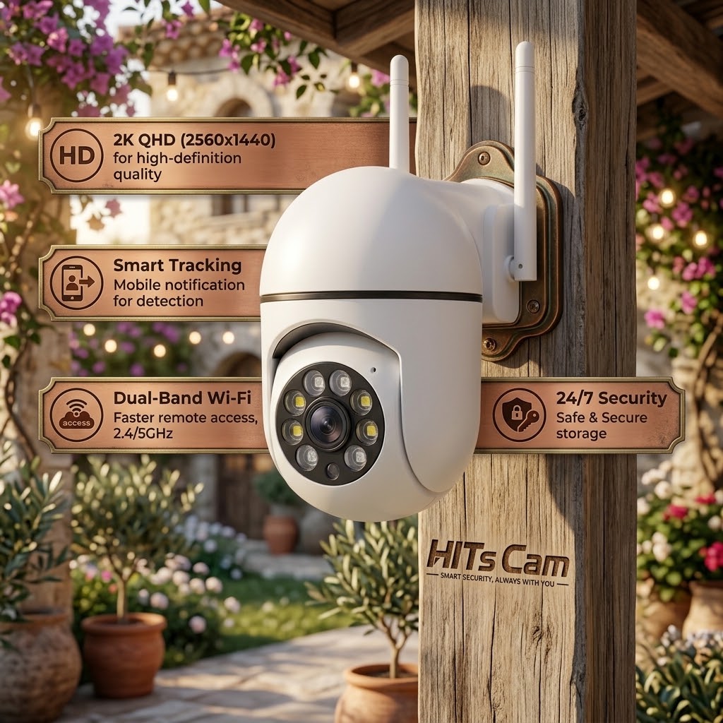 MAXVISION 360° smart WiFi PTZ outdoor IP camera mounted on wooden post with 2K QHD, dual-band WiFi, and 24/7 security features