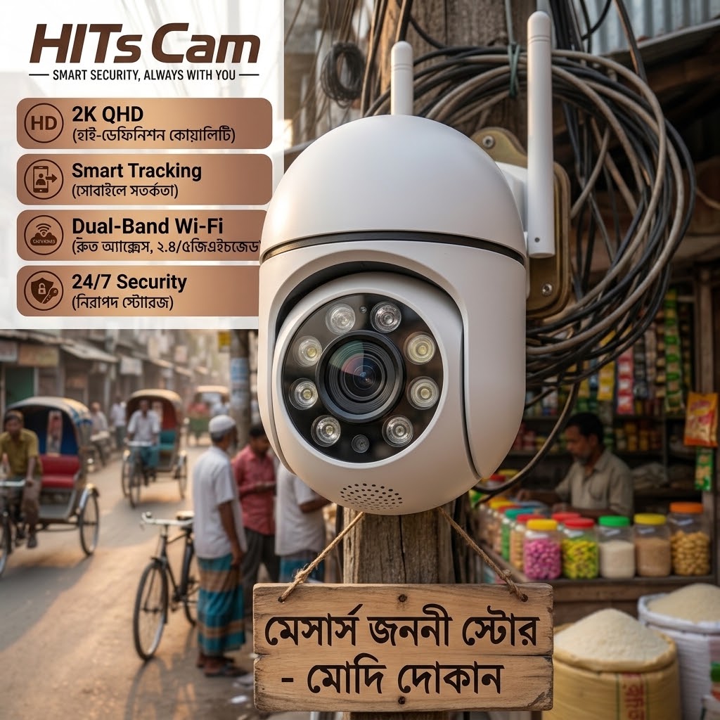 HITSCAM MAXVISION 360° WiFi IP camera installed outside a Bangladeshi grocery shop (মেসার্স জননী স্টোর) for shop security